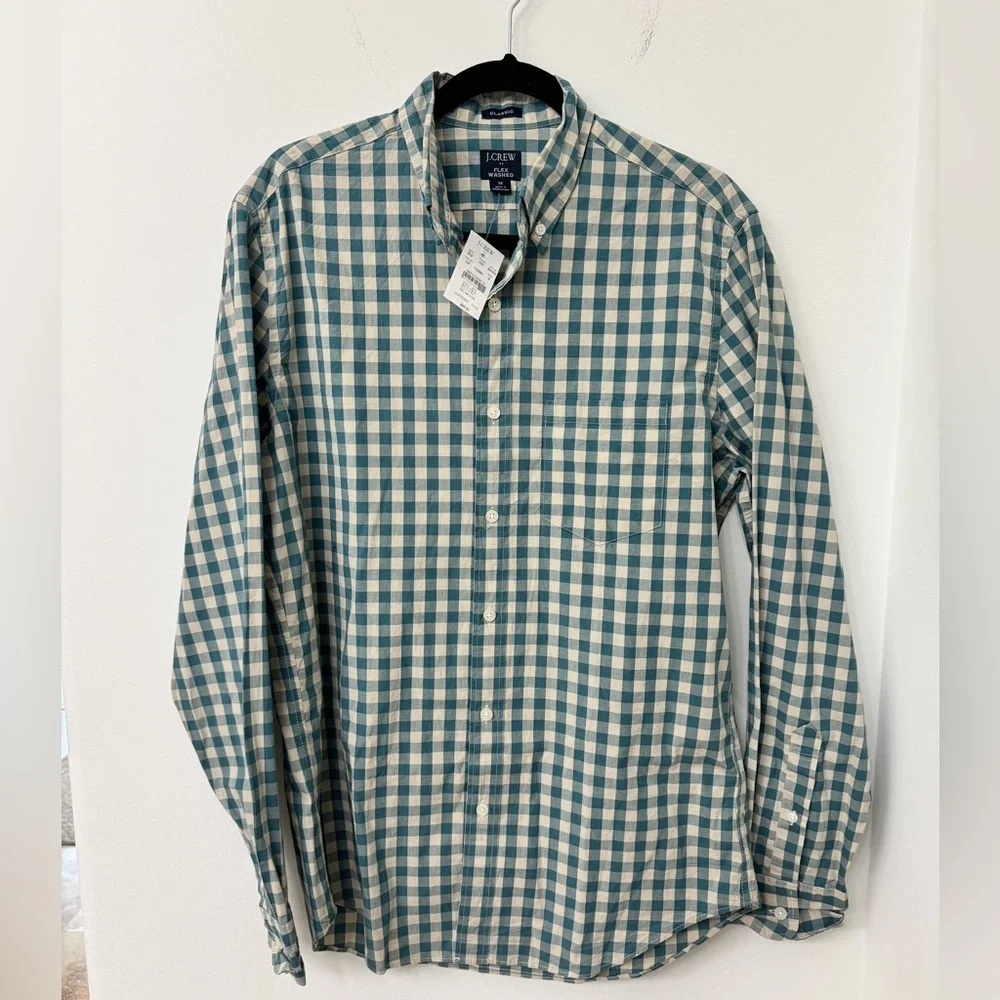 J. Crew Men’s Teal and White Gingham Button-Down Shirt